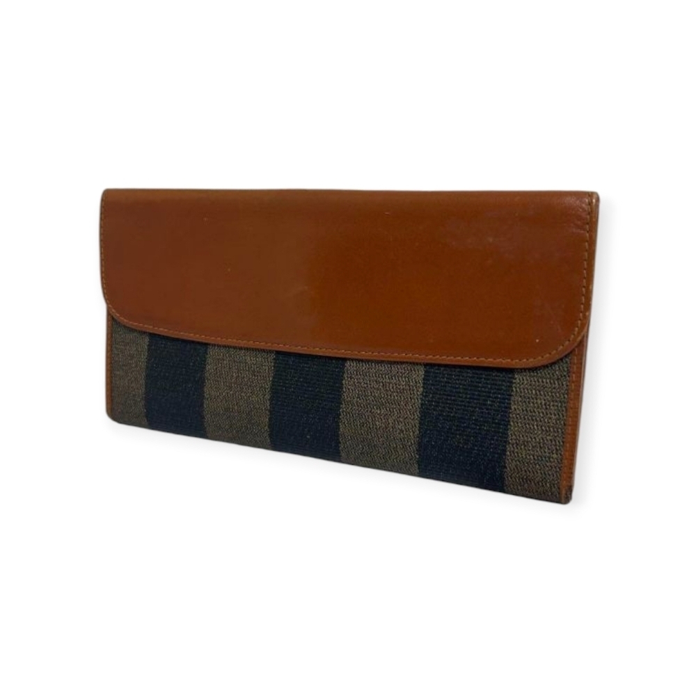 Fendi Pequin Stripe Canvas Leather Wallet Brown Navy Vintage COA - Picture 7 of 15